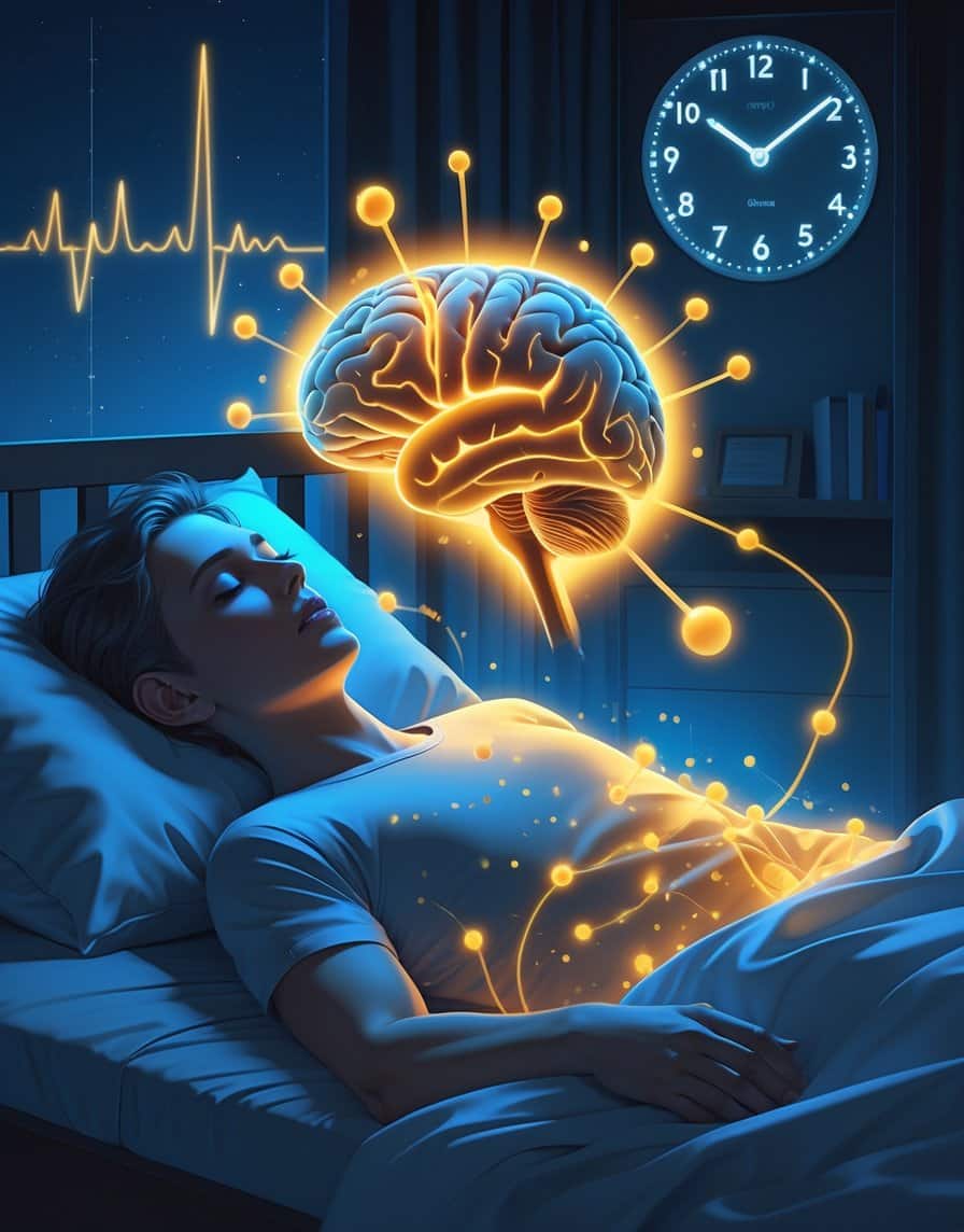 A person lying awake in bed at 3 AM with highlighted brain and adrenal glands showing hormone activity related to waking up early.