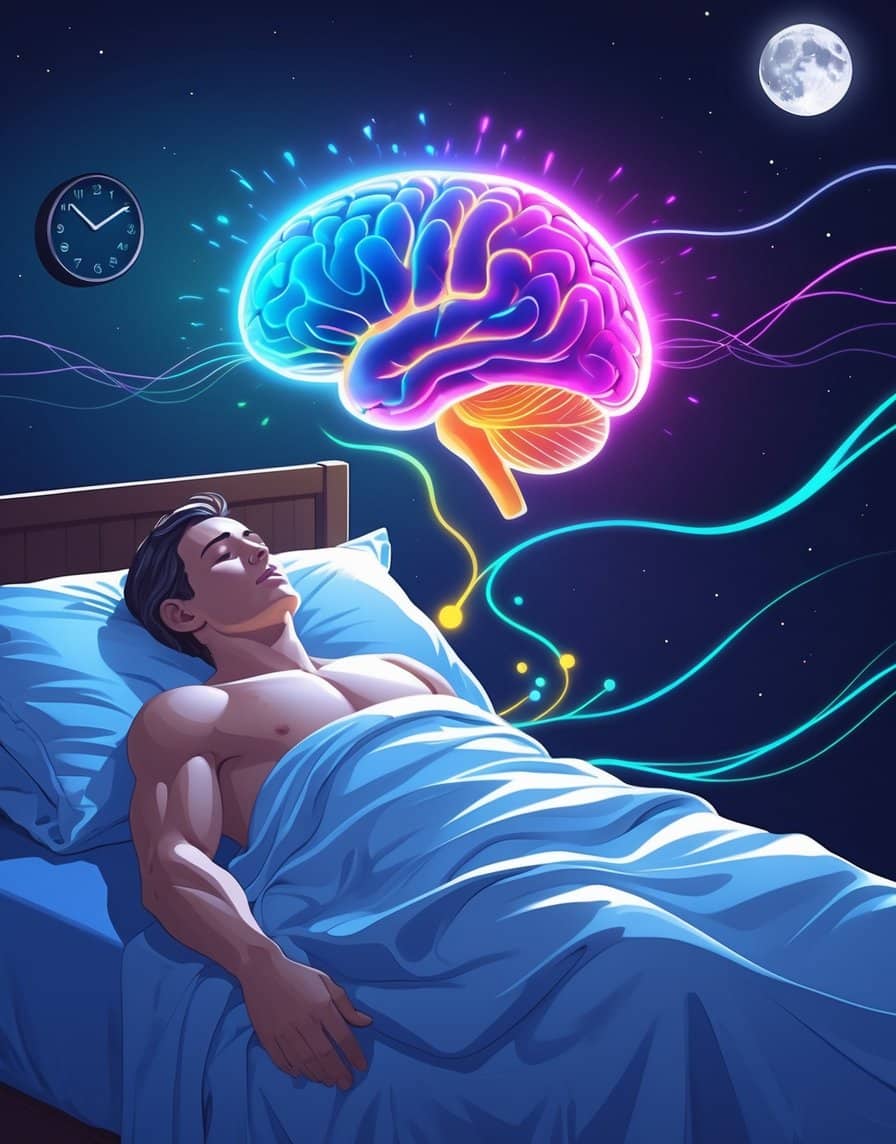A person lying in bed at 3 AM with a glowing brain showing hormone release, illustrating the body's cortisol awakening response.