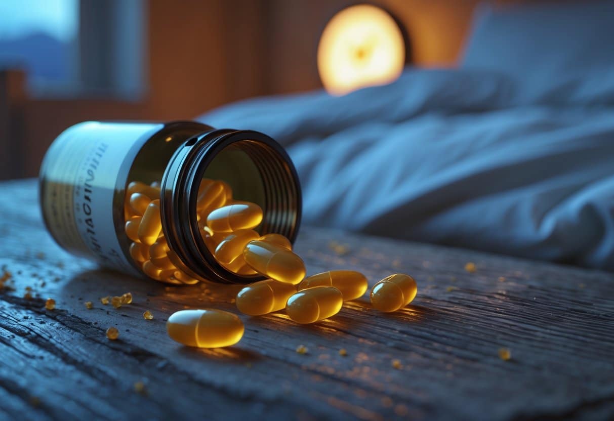 A nighttime bedside table with an open bottle of melatonin pills spilled on the wooden surface, a bed with rumpled white sheets, and a glowing digital alarm clock in the background.