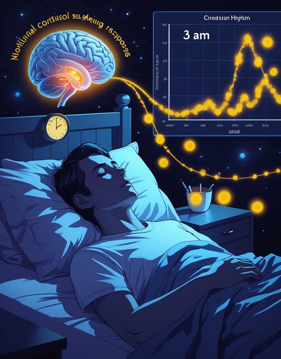 A sleeping person with a clock showing 3 AM, surrounded by illustrations of brain and adrenal glands releasing hormones, representing the biological process causing cortisol surges during the night.