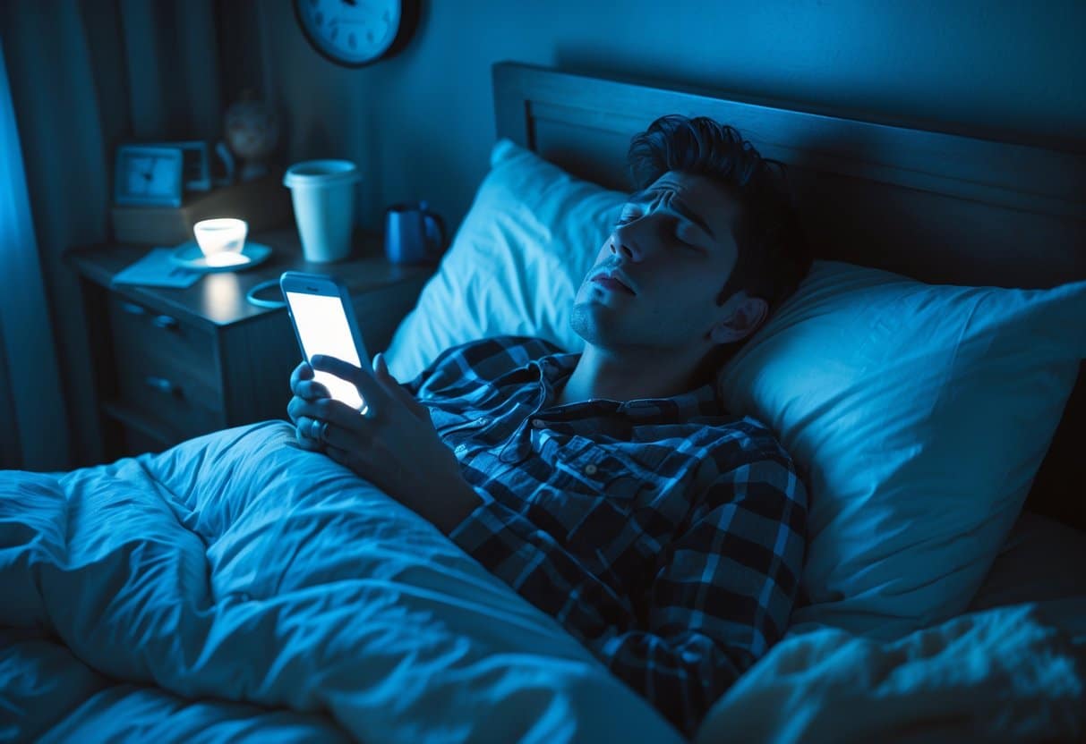 A person lying awake in bed at night, holding a smartphone with a cup of coffee nearby and a laptop open, looking restless.