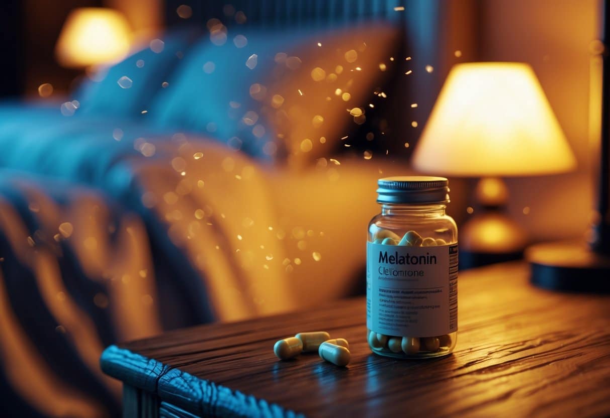 A close-up of a glass bottle of melatonin capsules on a wooden bedside table with a softly glowing lamp and a blurred bed in the background.