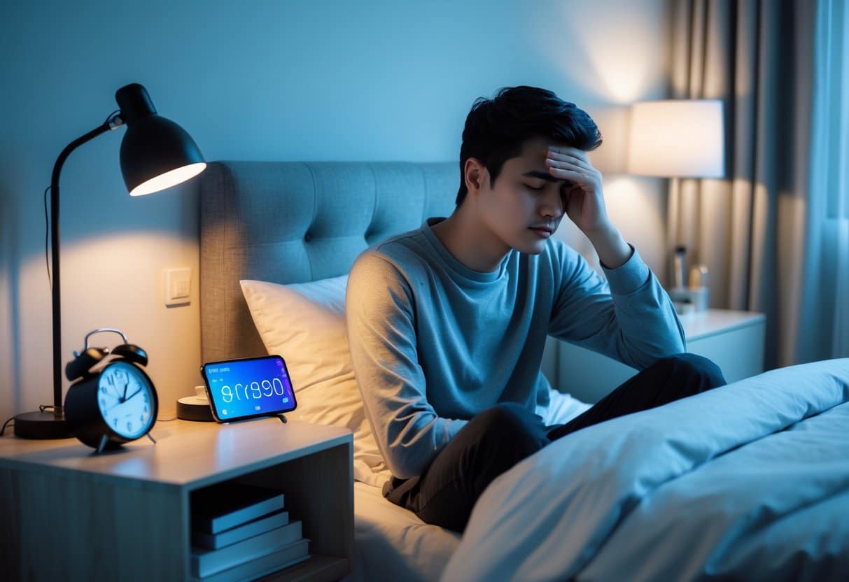 A young adult sitting on the edge of a bed in a bedroom, looking tired and rubbing their eyes, with an alarm clock and smartphone nearby.
