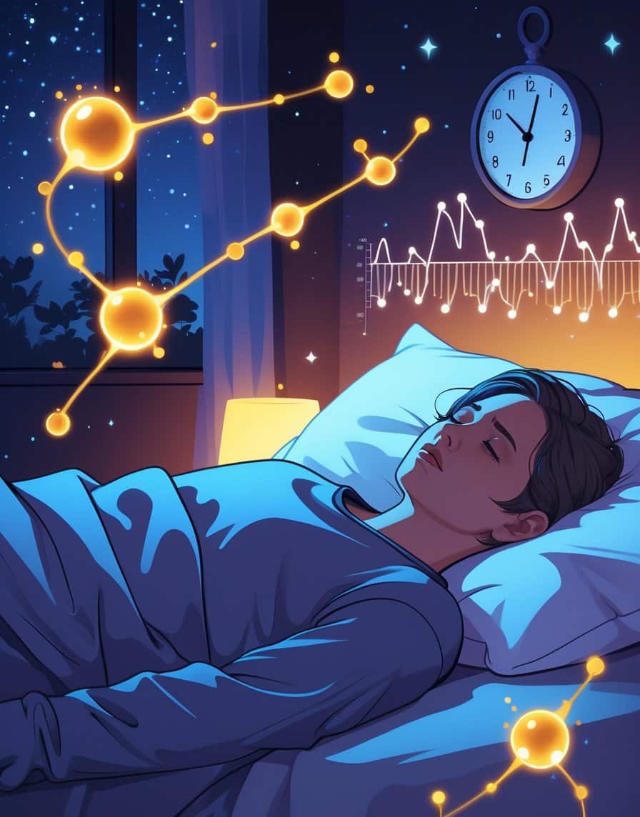 A person awake in bed at 3 AM surrounded by glowing abstract hormone molecules representing cortisol and stress, with a faint graph in the background.