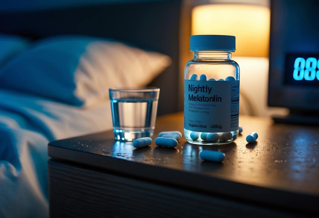 A close-up of a bedside table at night with a bottle of melatonin pills, some pills spilled out, a glass of water, and a glowing digital alarm clock in the background.