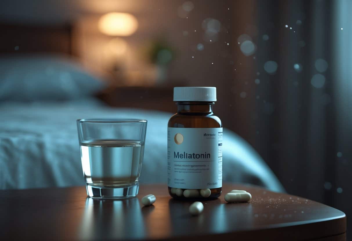 A close-up of a bedside table at night with a glass of water and a bottle of melatonin pills, next to a neatly made bed in a calm bedroom.