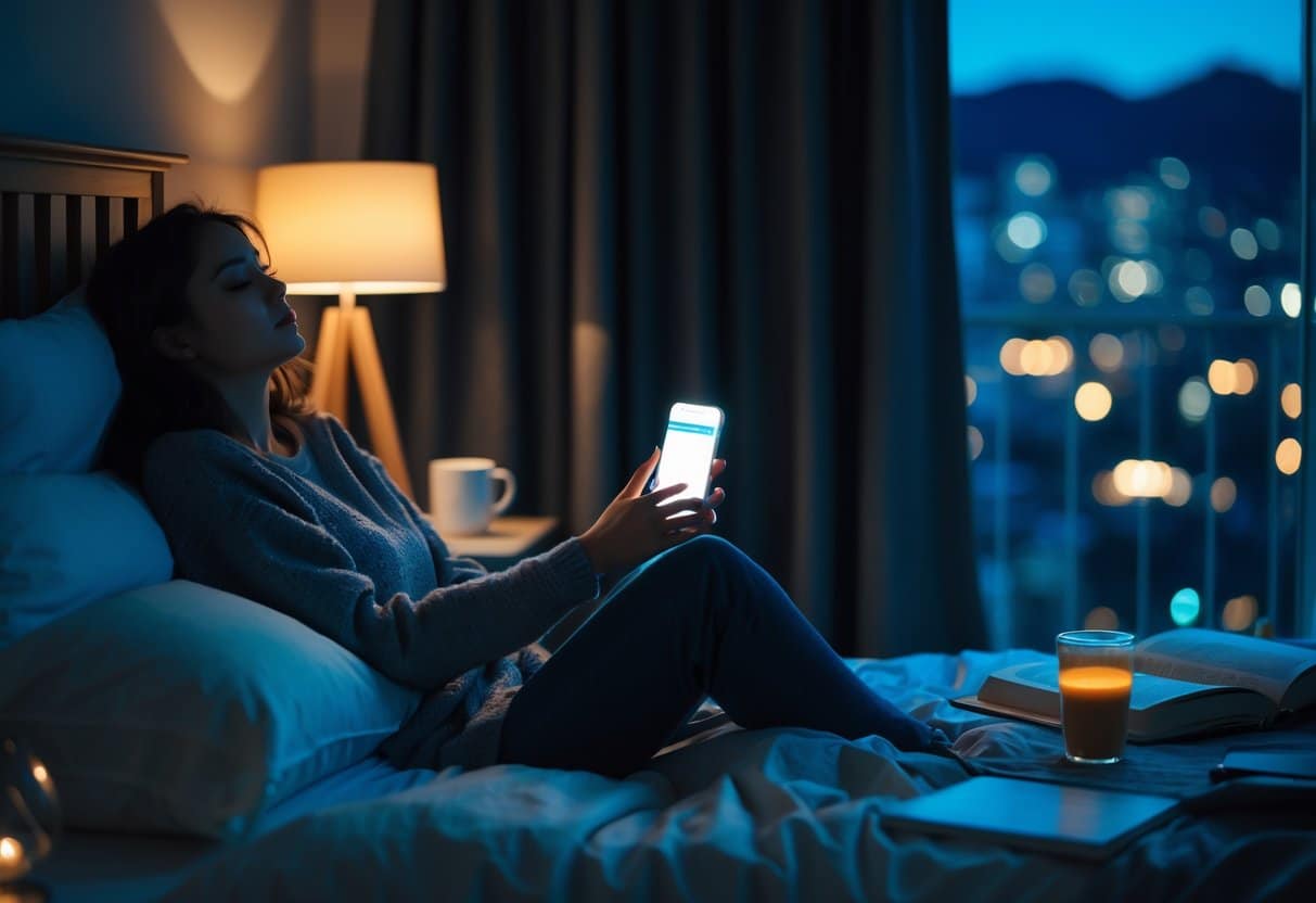 A person sitting on the edge of an unmade bed at night, holding a glowing smartphone with a cup and clock on the nightstand, looking tired and restless.