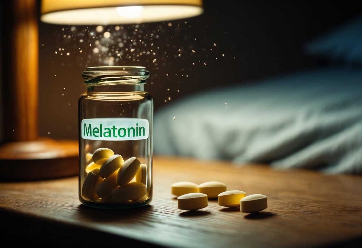 A close-up of a bedside table at night with a glass bottle of melatonin pills and some pills spilled on the wooden surface under warm lamp light.