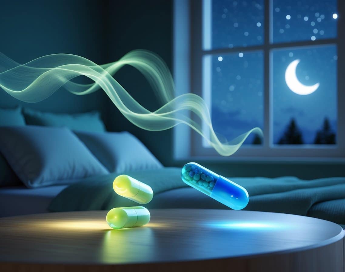A peaceful bedroom at night with two glowing capsules floating above a wooden surface, soft moonlight coming through a window, and a bed in the background.