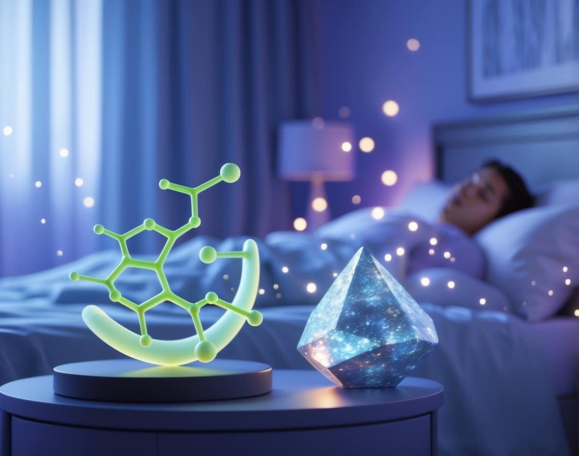 A peaceful bedroom at night showing glowing molecular structures representing L-Theanine and Magnesium near a person sleeping soundly in bed.
