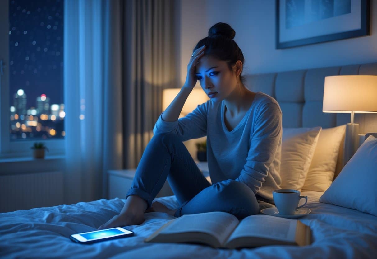 A tired young woman sitting on a bed at night, rubbing her eyes with a smartphone, book, and coffee cup on the bedside table.