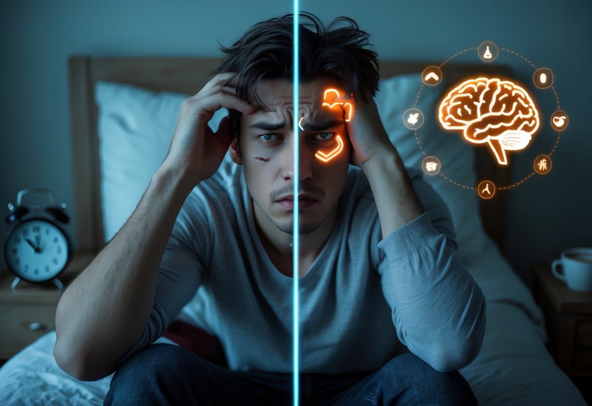 A tired young man sitting on a bed rubbing his eyes with visual overlays showing effects on the brain, heart, and stomach from lack of sleep.