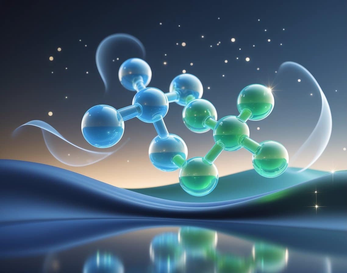 Glowing blue and green molecular structures floating above a dark background with soft light effects, symbolizing relaxation and sleep.