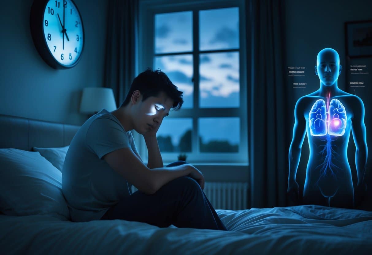 A tired person sitting on the edge of a bed at night with dark circles under their eyes, a clock showing late hours, and a faint overlay of a human body highlighting the brain and heart areas.