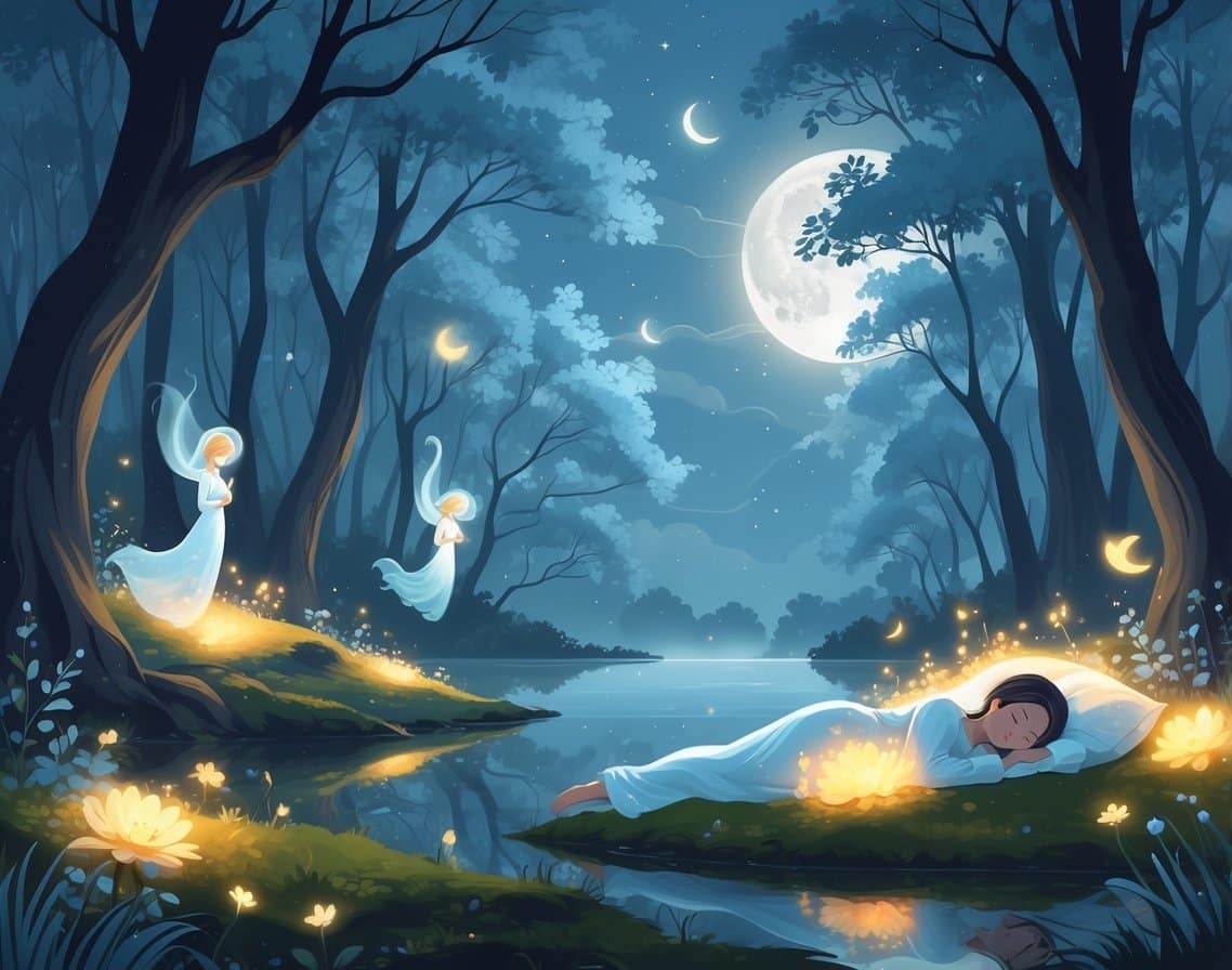 A peaceful figure sleeping on moss in a glowing forest at twilight, surrounded by gentle floating lights and a calm reflective pool.