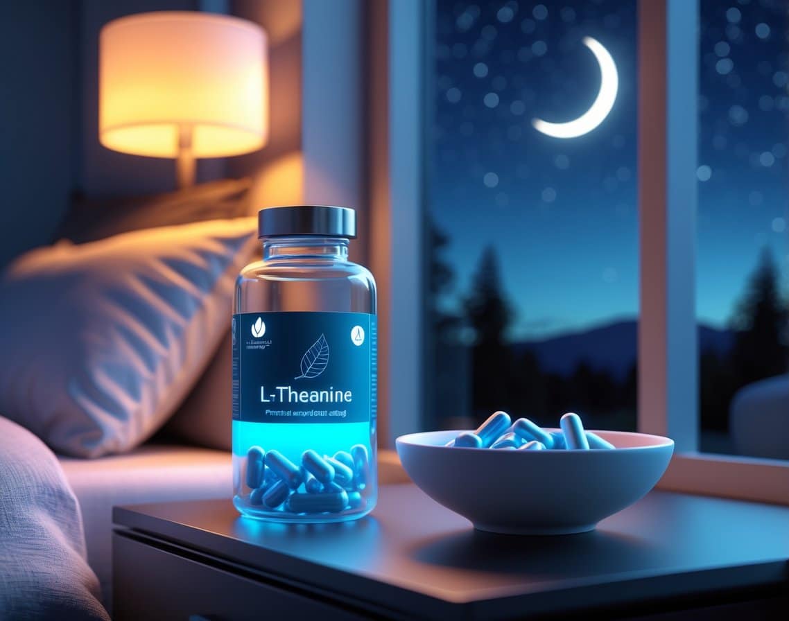 A bedside table with a glass bottle of L-Theanine capsules and a bowl of magnesium tablets next to a cozy bed under a starry night sky.