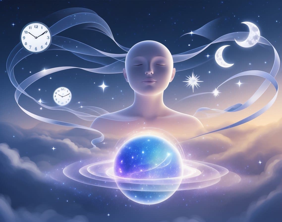 A peaceful figure floats above a glowing orb surrounded by clock faces, moons, stars, and flowing light ribbons in a dreamy landscape blending night and day.