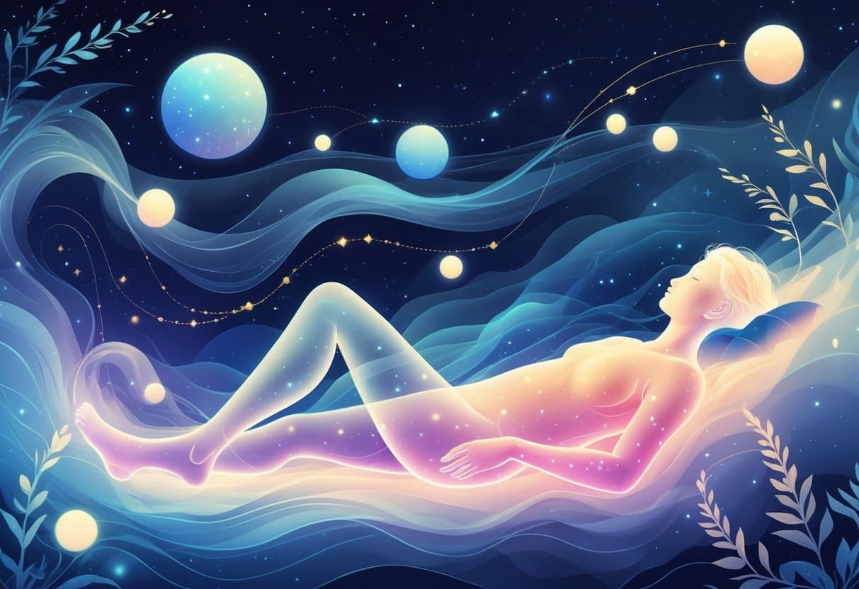 A glowing translucent human figure reclining peacefully surrounded by flowing lights, stars, and mist, symbolizing the body's healing processes during sleep.