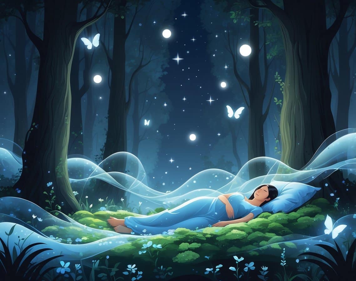 A peaceful figure resting in a glowing forest surrounded by soft lights and mist, symbolizing calm and restful sleep.
