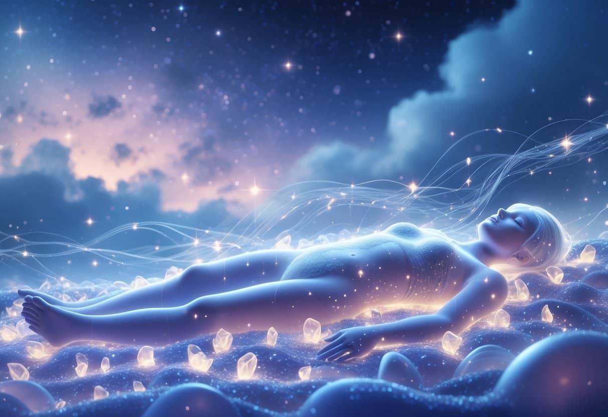 A peaceful translucent human figure resting on glowing crystalline cells with radiant light and shimmering energy threads surrounding them under a starry night sky.
