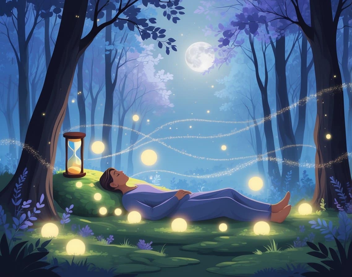 A peaceful figure resting in a glowing forest at twilight surrounded by magical lights and symbols representing sleep and daily habits.