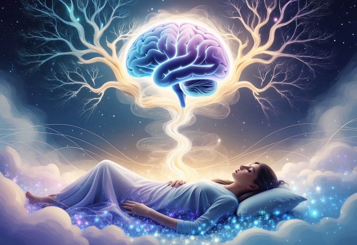 A glowing brain floating above a sleeping figure surrounded by luminous neural pathways and soft swirling mists, symbolizing memory, mood, and sleep restoration.