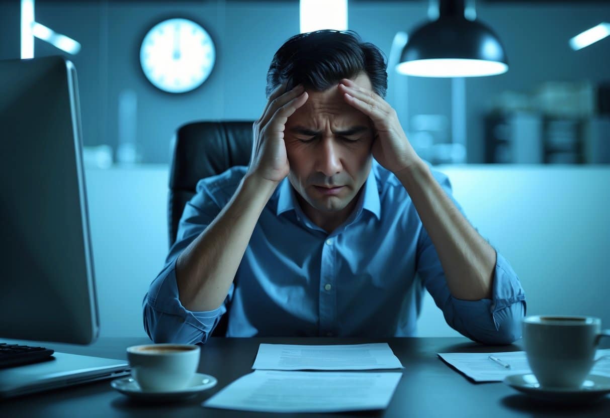 A tired adult sitting at a desk in an office, rubbing their eyes with a stressed expression, surrounded by coffee and papers.