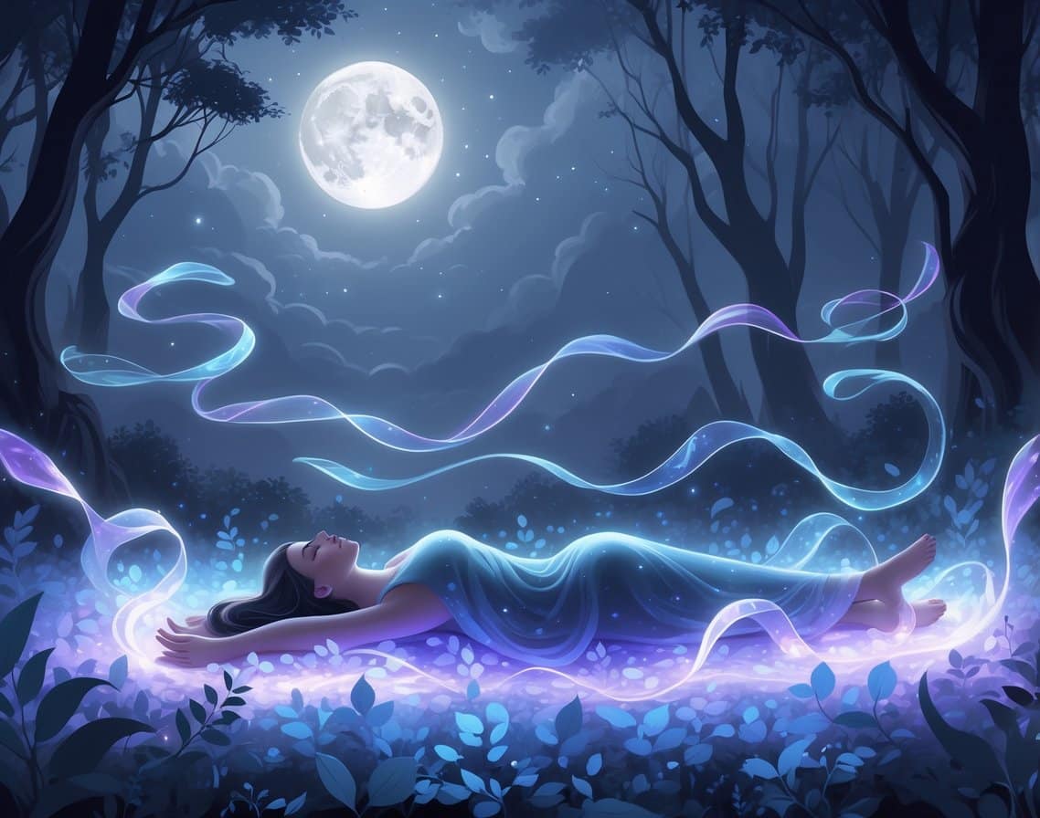 A peaceful figure resting on glowing leaves in a twilight forest, surrounded by flowing light ribbons and soft mist, under a glowing moon and twinkling stars.