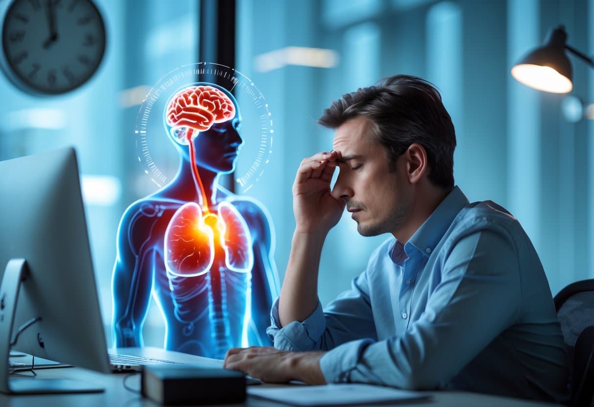 A tired adult sitting at a desk rubbing their eyes with a weary expression, with a faint overlay highlighting the brain and heart, and a clock showing late night in the background.
