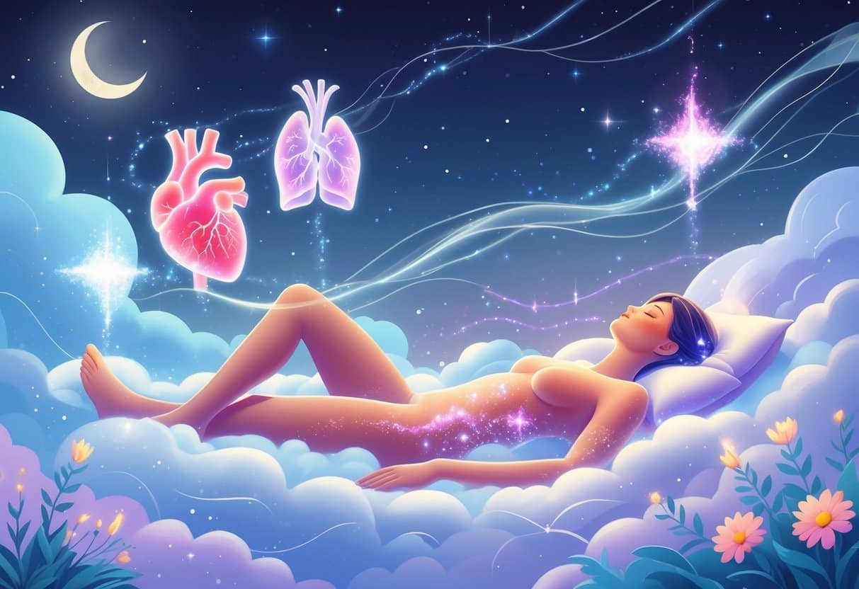 A peaceful figure resting on glowing clouds surrounded by glowing, translucent organs and flowing stardust, set against a twilight sky with stars and a crescent moon.