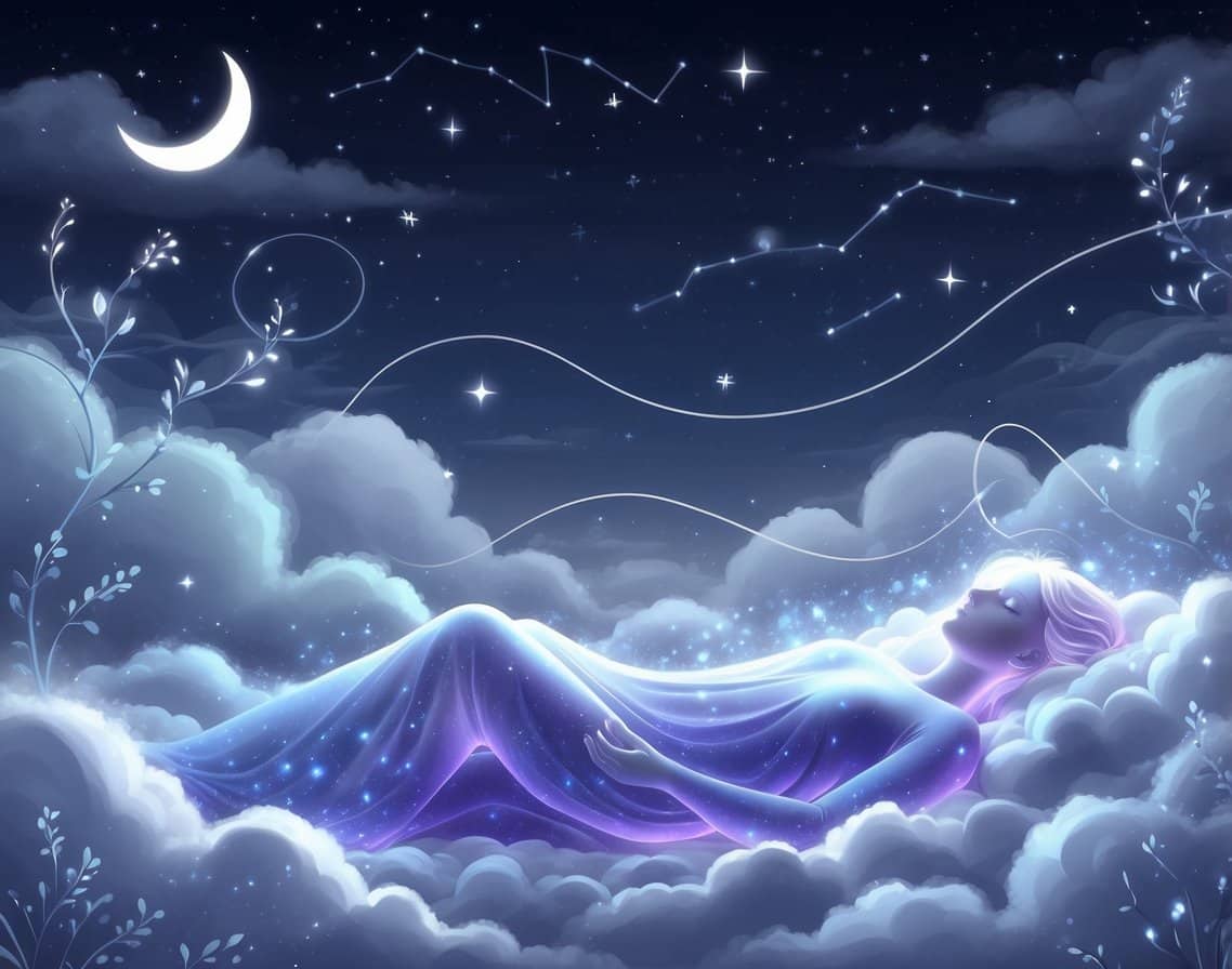 A peaceful glowing figure resting on soft clouds under a starry night sky with flowing light streams and glowing flowers around.