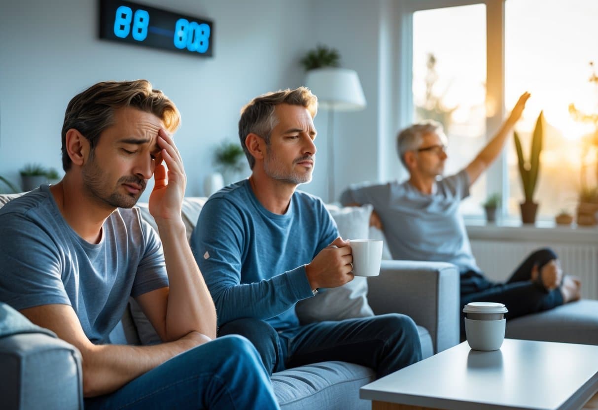 A group of adults in a living room showing tiredness and coping activities like drinking coffee and stretching in the morning light.