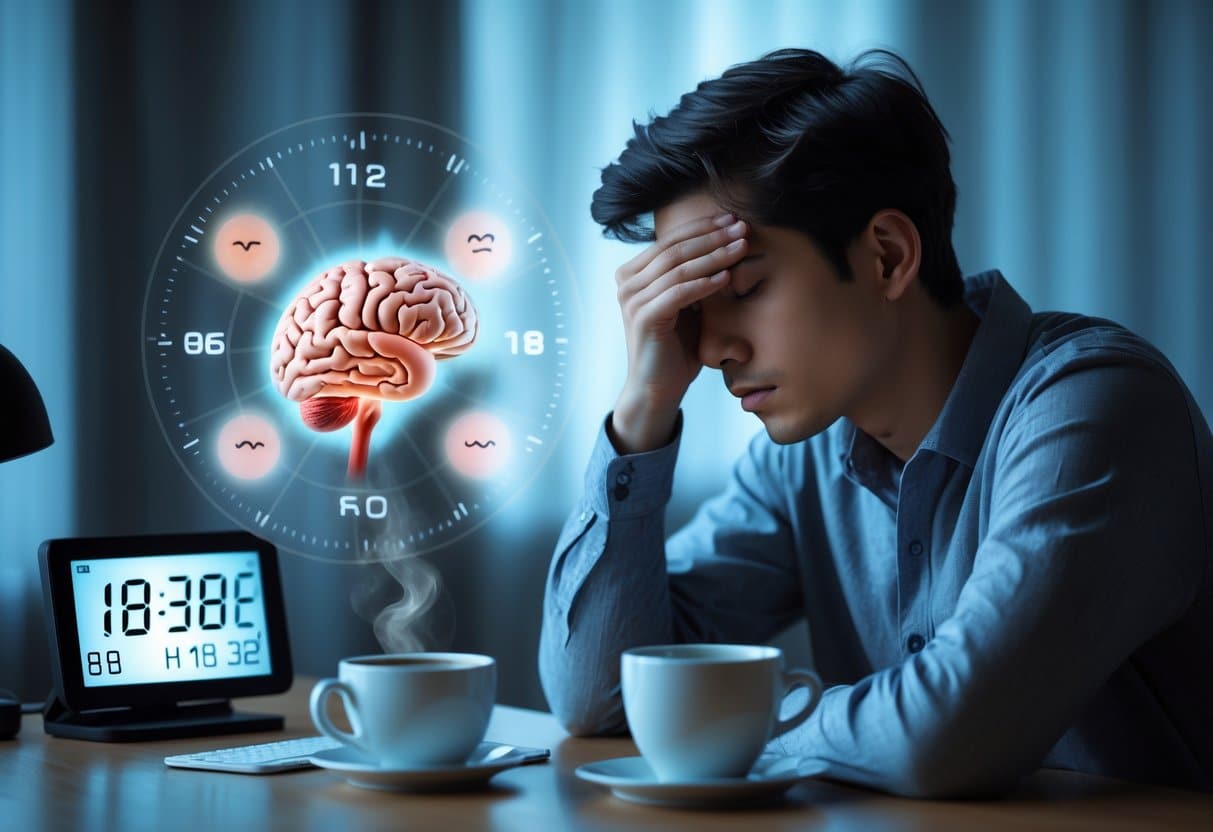 A tired young adult rubbing their eyes at a desk with a late-night clock and faint glowing overlays of brain and heart anatomy in the background.
