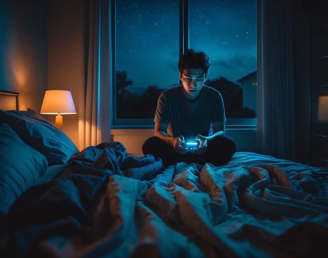 A young adult sitting on the edge of a bed late at night, holding a smartphone with a tired expression in a softly lit bedroom.