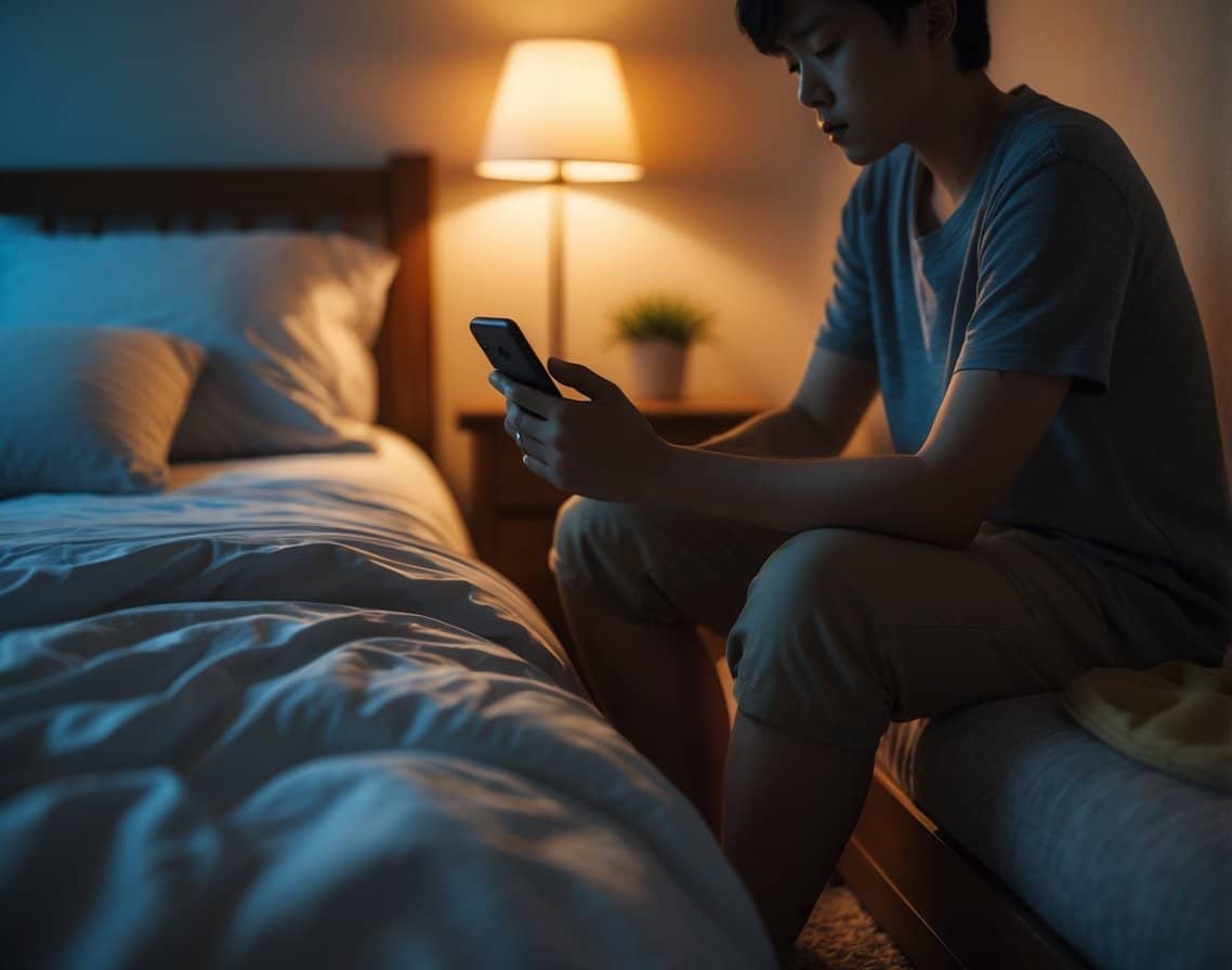 A person sitting on the edge of a bed at night, looking thoughtful while holding a smartphone in a softly lit bedroom.