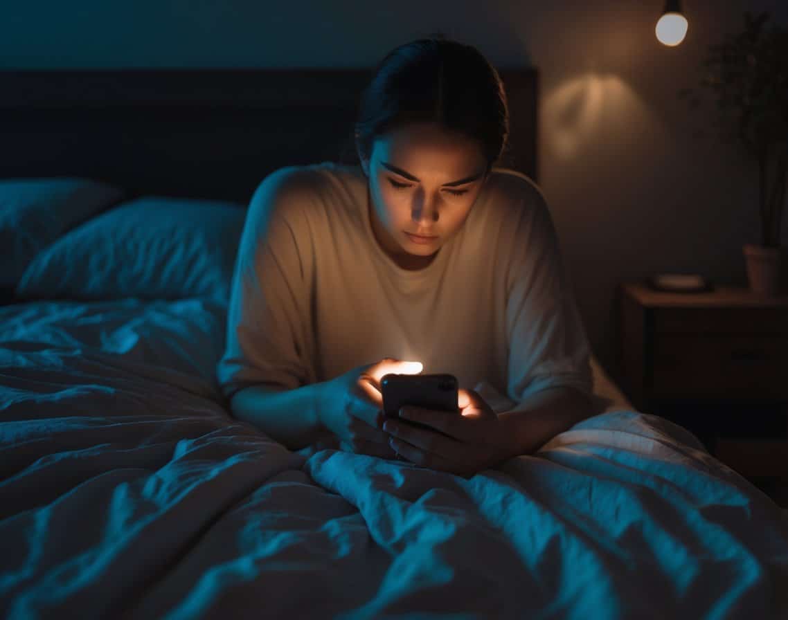 A person sitting on the edge of a bed at night, looking tired while holding a smartphone in a dimly lit bedroom.