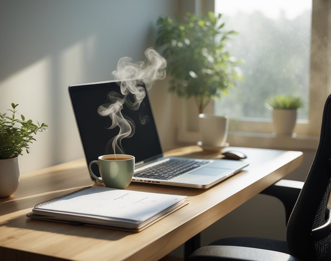 A sunlit home office desk with a laptop, planner, steaming tea cup, and a small plant near a large window.