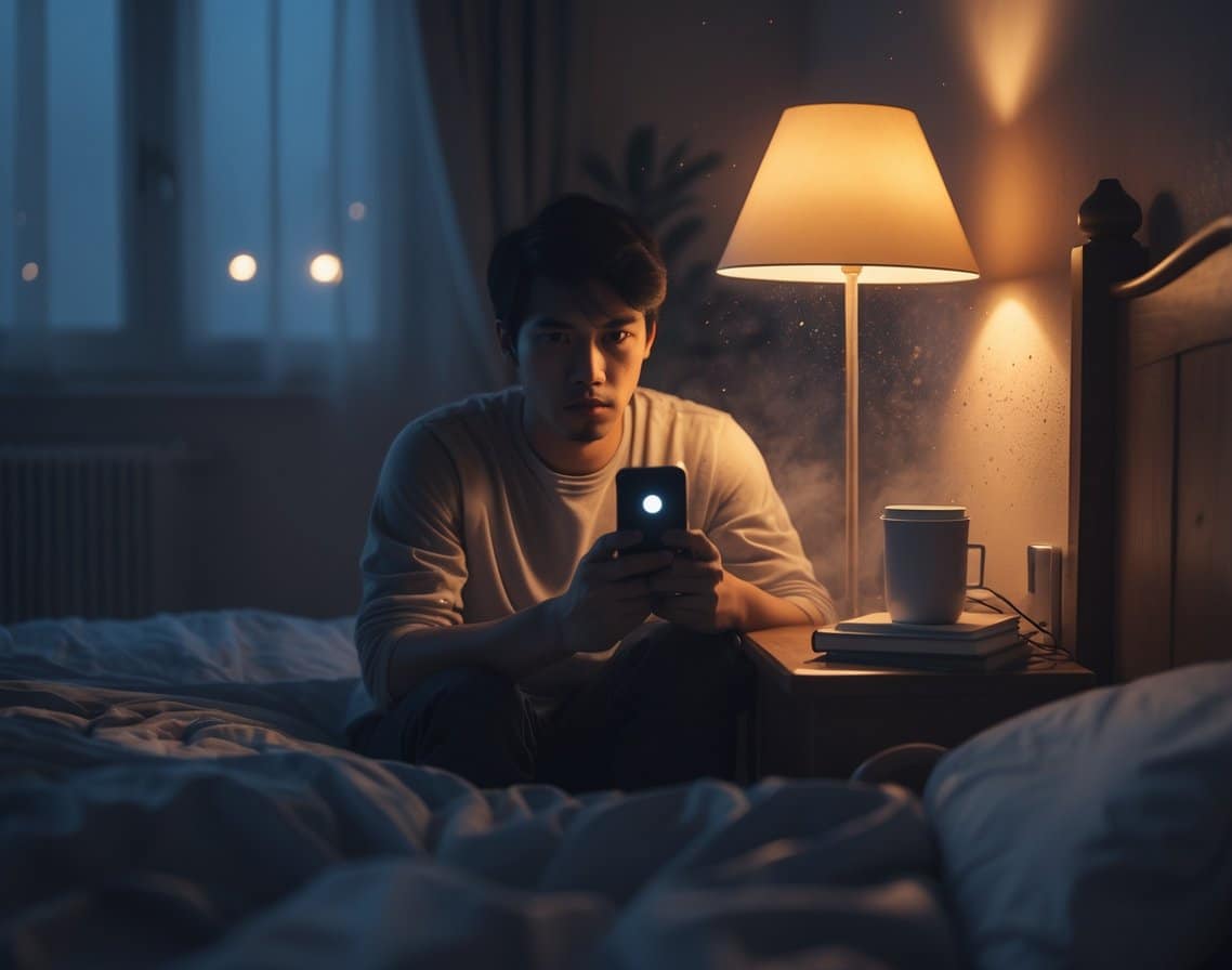 A young adult sitting on the edge of a bed at night, looking tired while holding a smartphone in a softly lit bedroom with a lamp, books, and a digital clock showing a late hour.