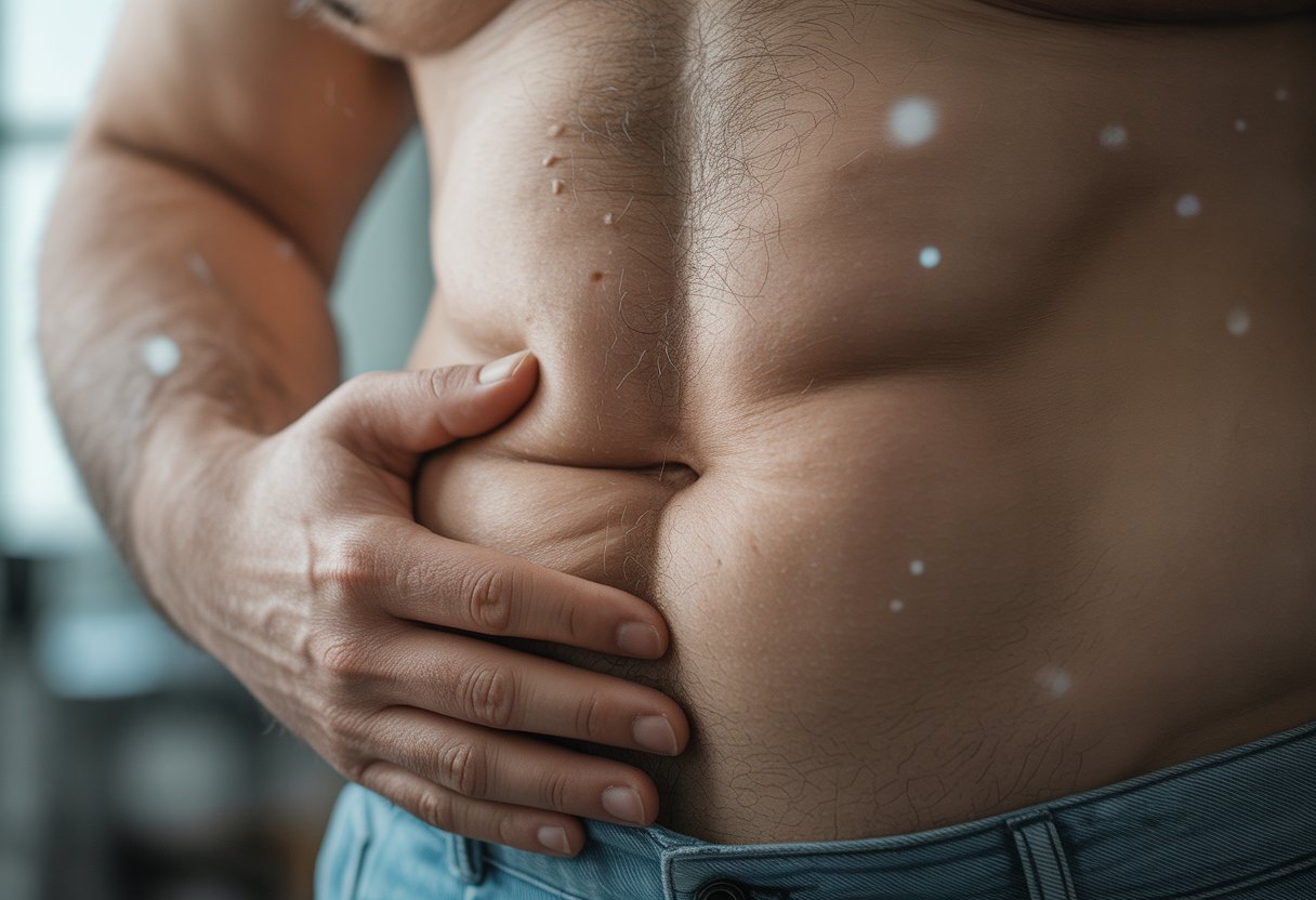 Close-up of a person's abdomen with a hand gently resting on it, showing natural skin texture and slight body fat.