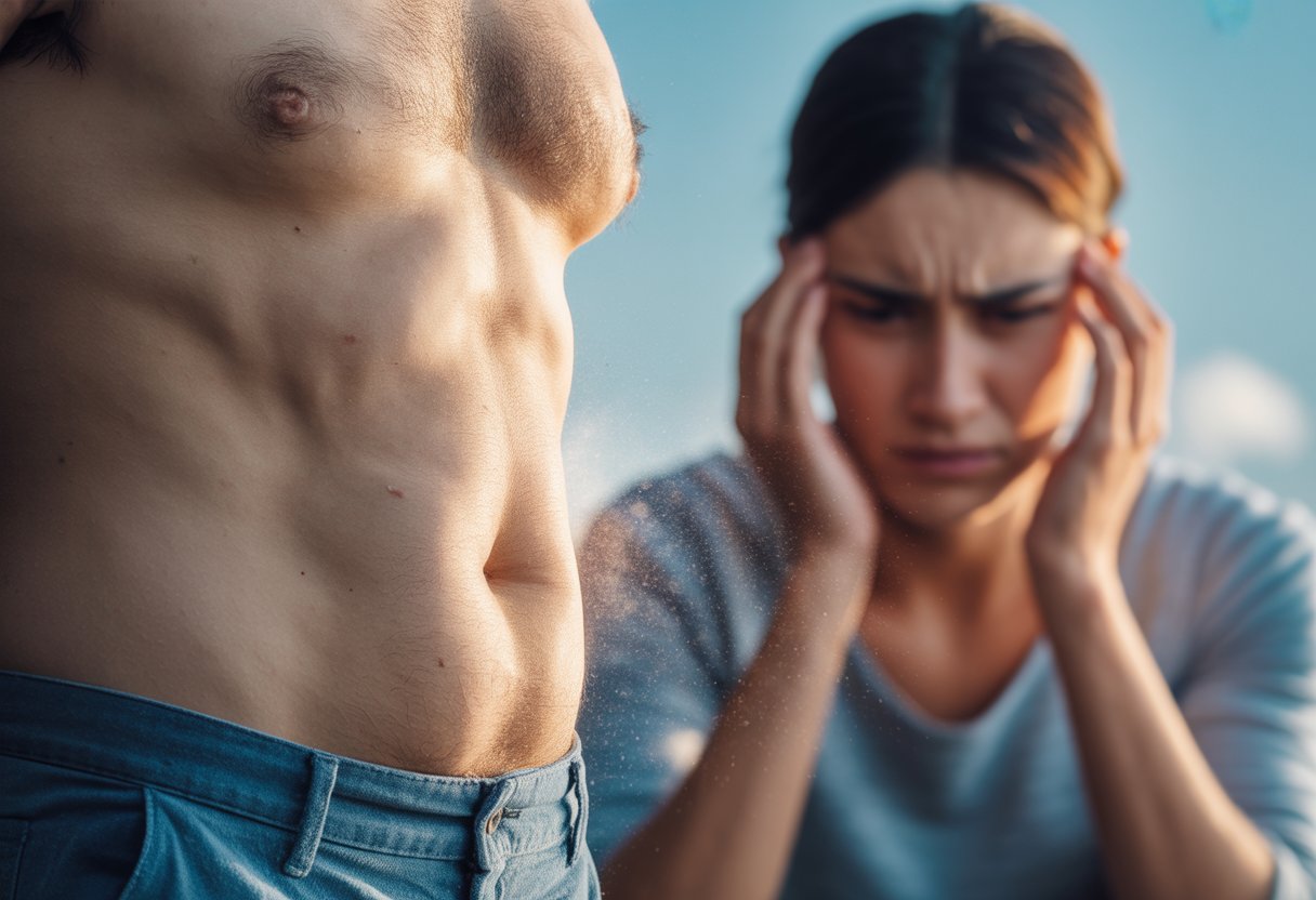 Close-up of a human torso showing slight abdominal fat with a blurred stressed person in the background.