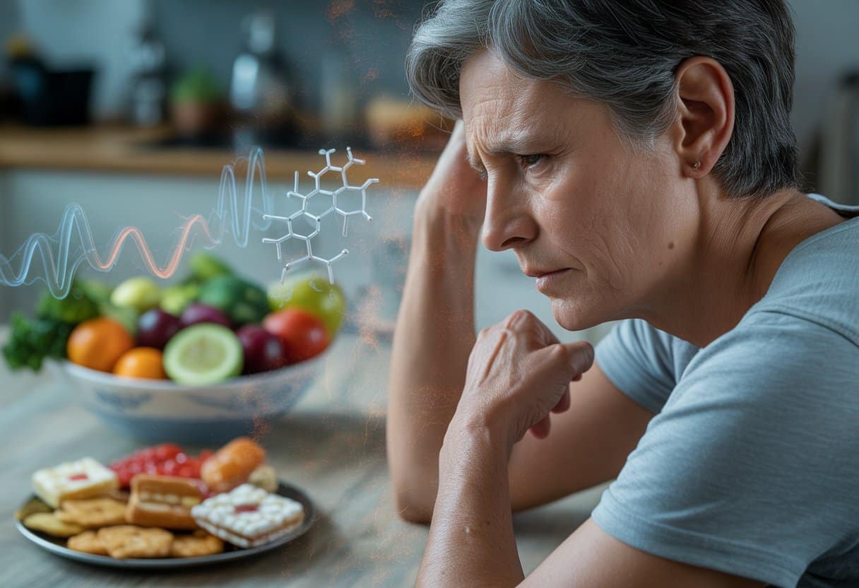 A middle-aged person sitting at a kitchen table with healthy and unhealthy foods, looking thoughtful and stressed.