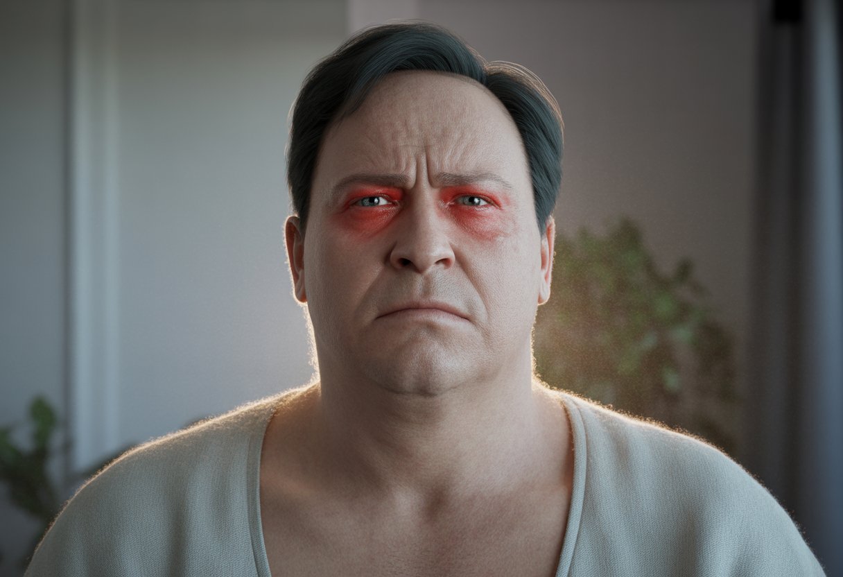 Close-up of a middle-aged person showing signs of stress with flushed skin and slight swelling around the eyes, wearing a loose shirt that reveals a rounded midsection.