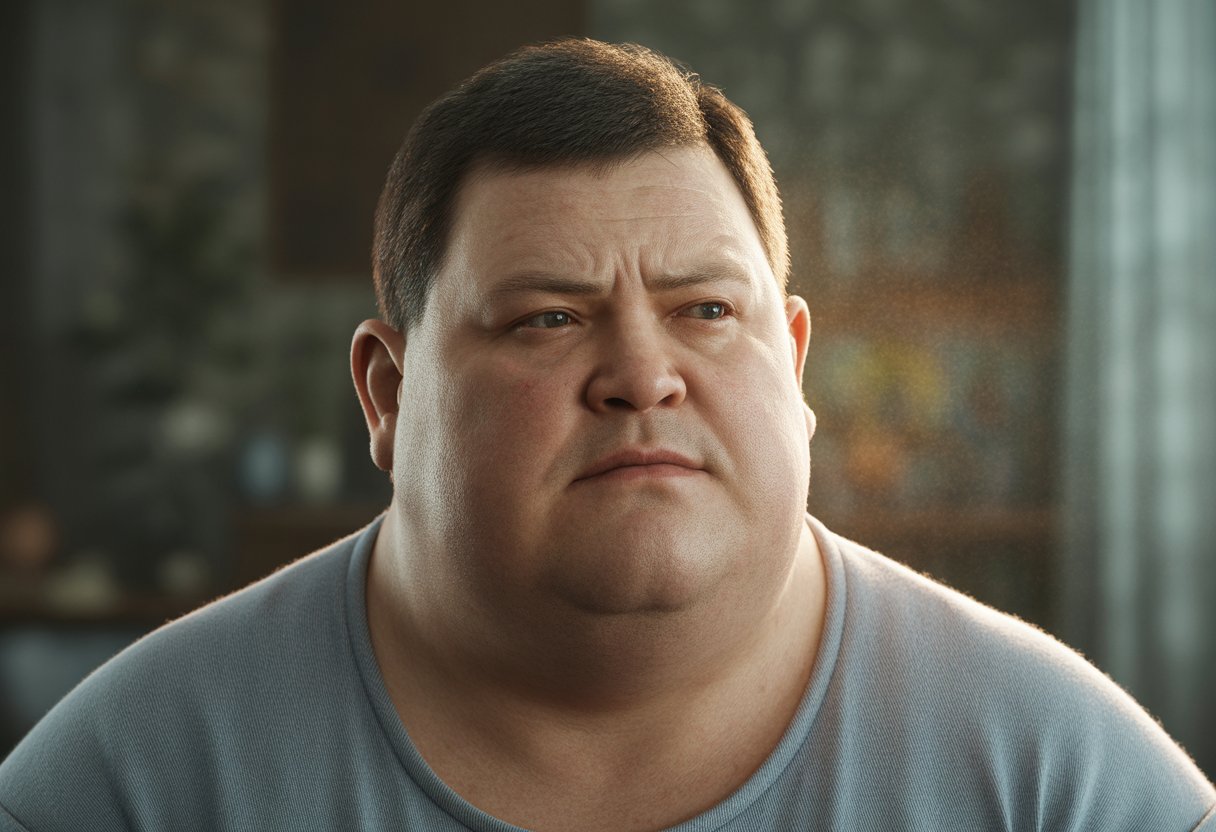 Close-up portrait of a middle-aged person showing physical signs of Cushing Syndrome, including a rounded face and central weight gain, with a softly blurred background.