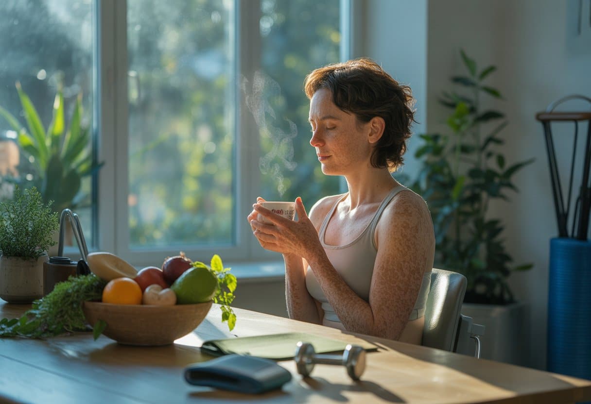 A person sitting peacefully by a window with plants and fresh fruits nearby, holding a cup of tea in a calm, sunlit room.