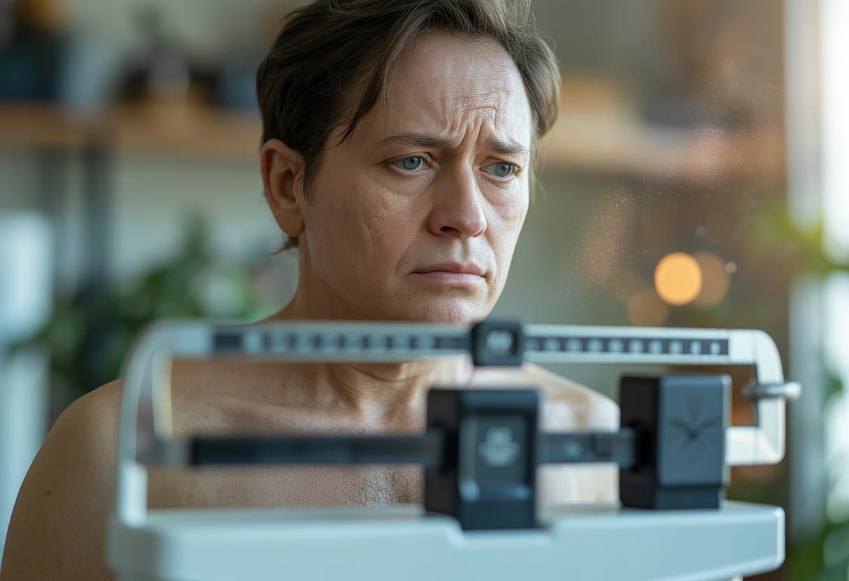 A person sitting on a scale with a thoughtful expression, showing signs of stress and fatigue in a softly lit indoor environment.
