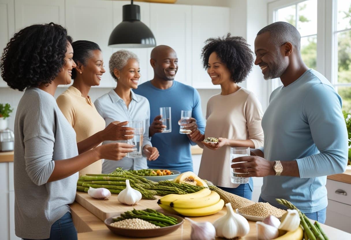 A group of adults preparing and enjoying fresh prebiotic-rich foods together in a bright kitchen.
