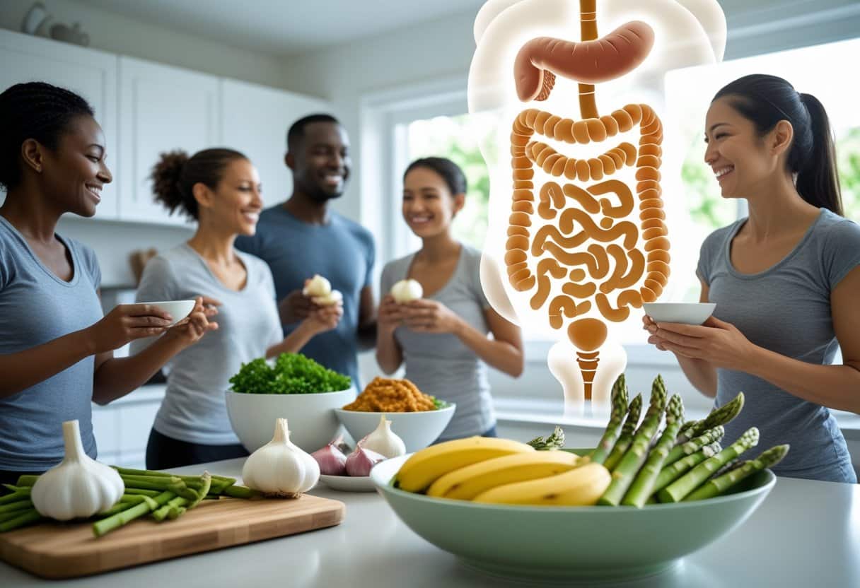 A diverse group of healthy people eating and exercising with a bowl of prebiotic foods and a glowing illustration of the digestive system in the background.