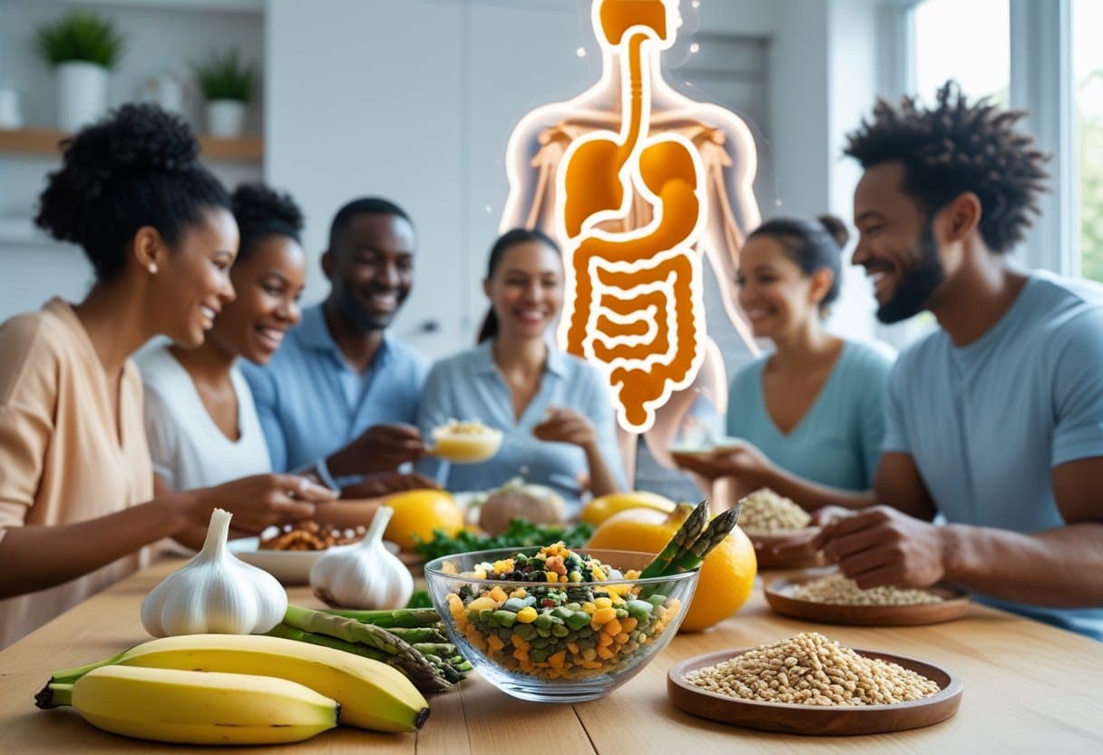 A group of healthy adults enjoying a breakfast with prebiotic foods like bananas and garlic in a bright kitchen, with a subtle illustration of the digestive system glowing in the background.