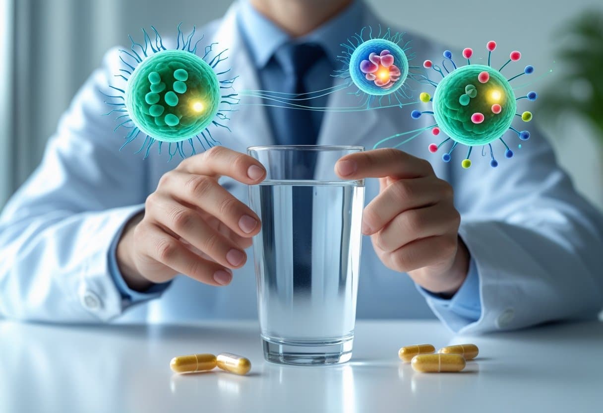 A person holding a glass of water with a prebiotic capsule nearby, surrounded by visual representations of the immune system and gut bacteria.