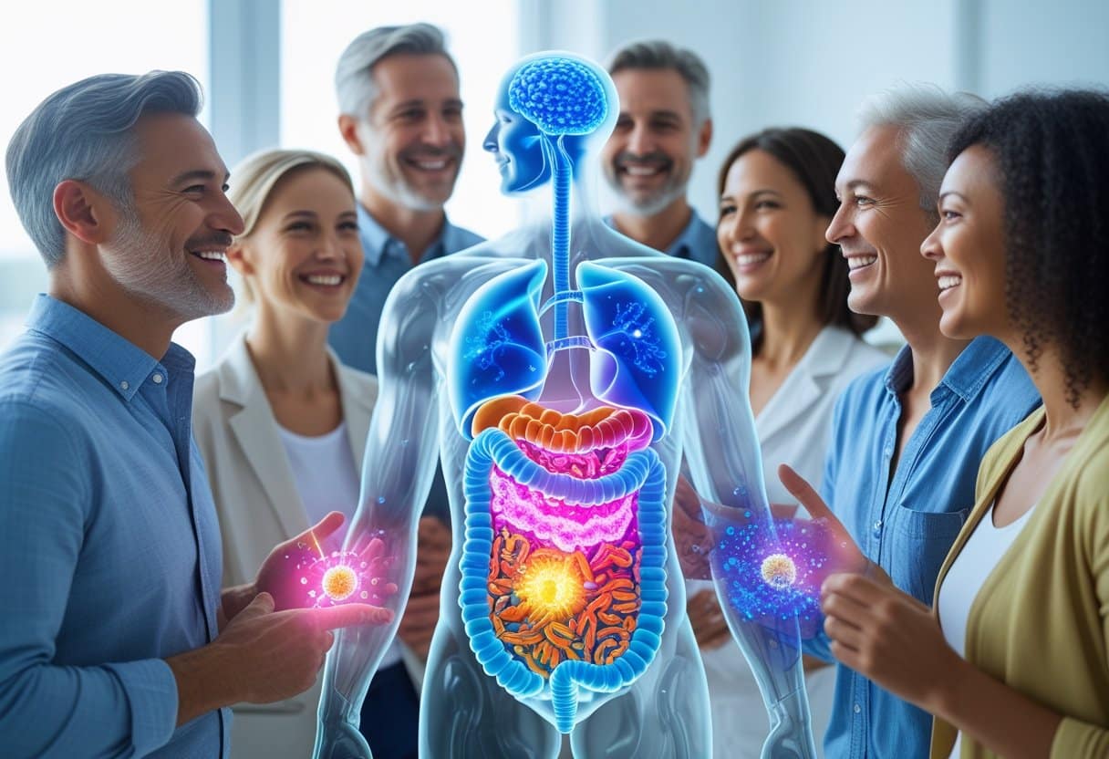 A diverse group of healthy adults smiling with a glowing 3D illustration of the digestive system showing beneficial bacteria and prebiotic fibers interacting.